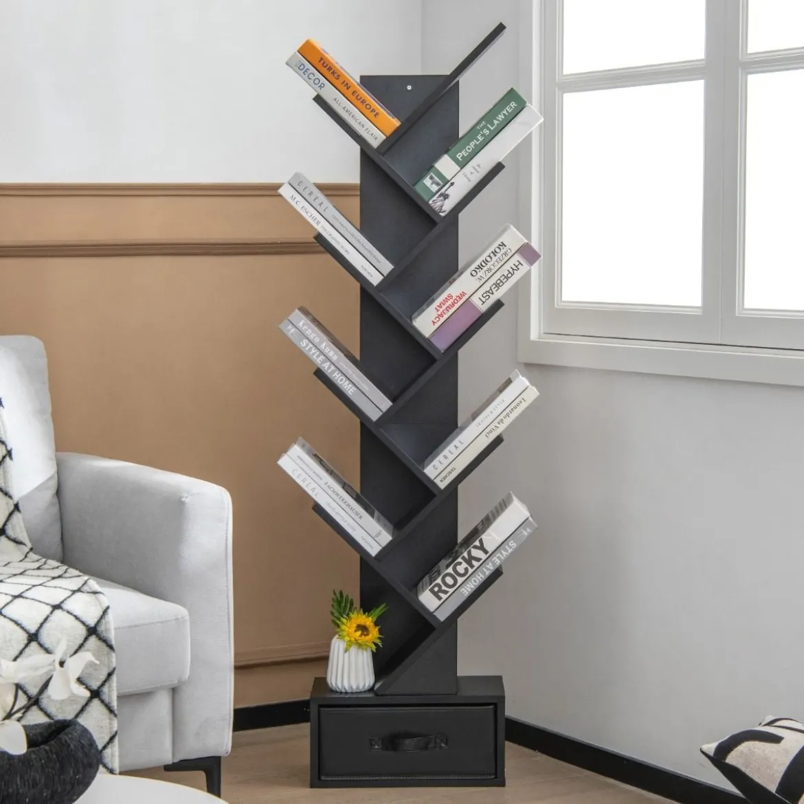 10-stöckiges Baum-Bücherregal mit Schublade Bodenstehendes Lagerregal Schwarz