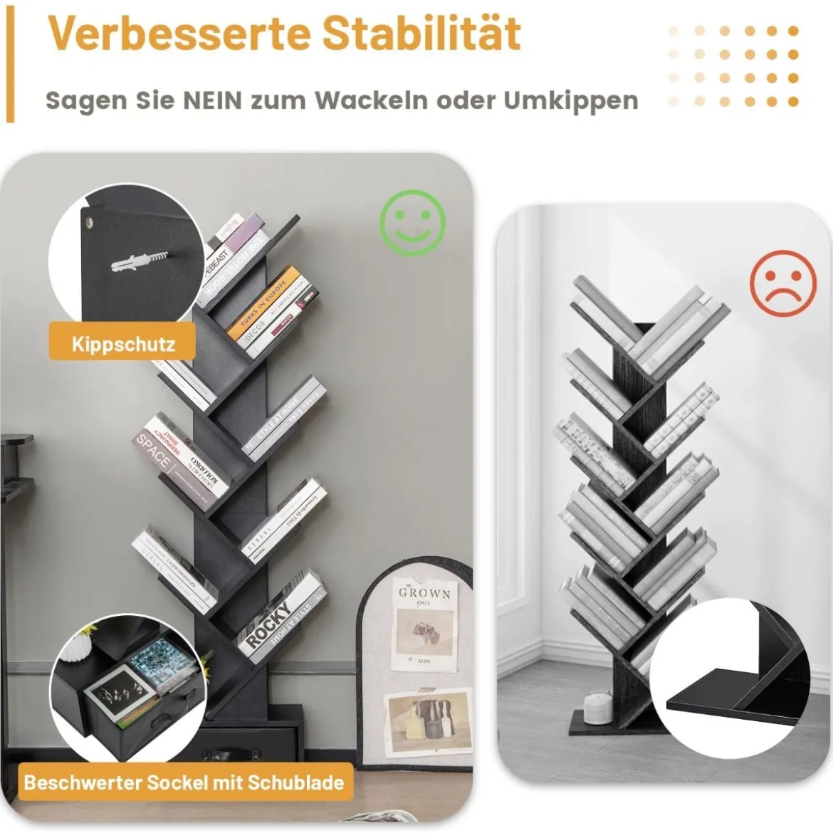 10-stöckiges Baum-Bücherregal mit Schublade Bodenstehendes Lagerregal Schwarz