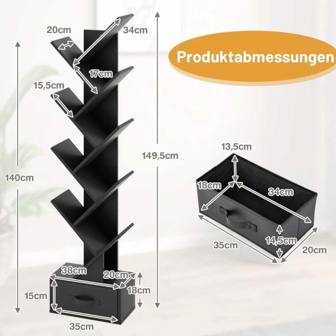10-stöckiges Baum-Bücherregal mit Schublade Bodenstehendes Lagerregal Schwarz