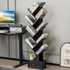 10-stöckiges Baum-Bücherregal mit Schublade Bodenstehendes Lagerregal Schwarz