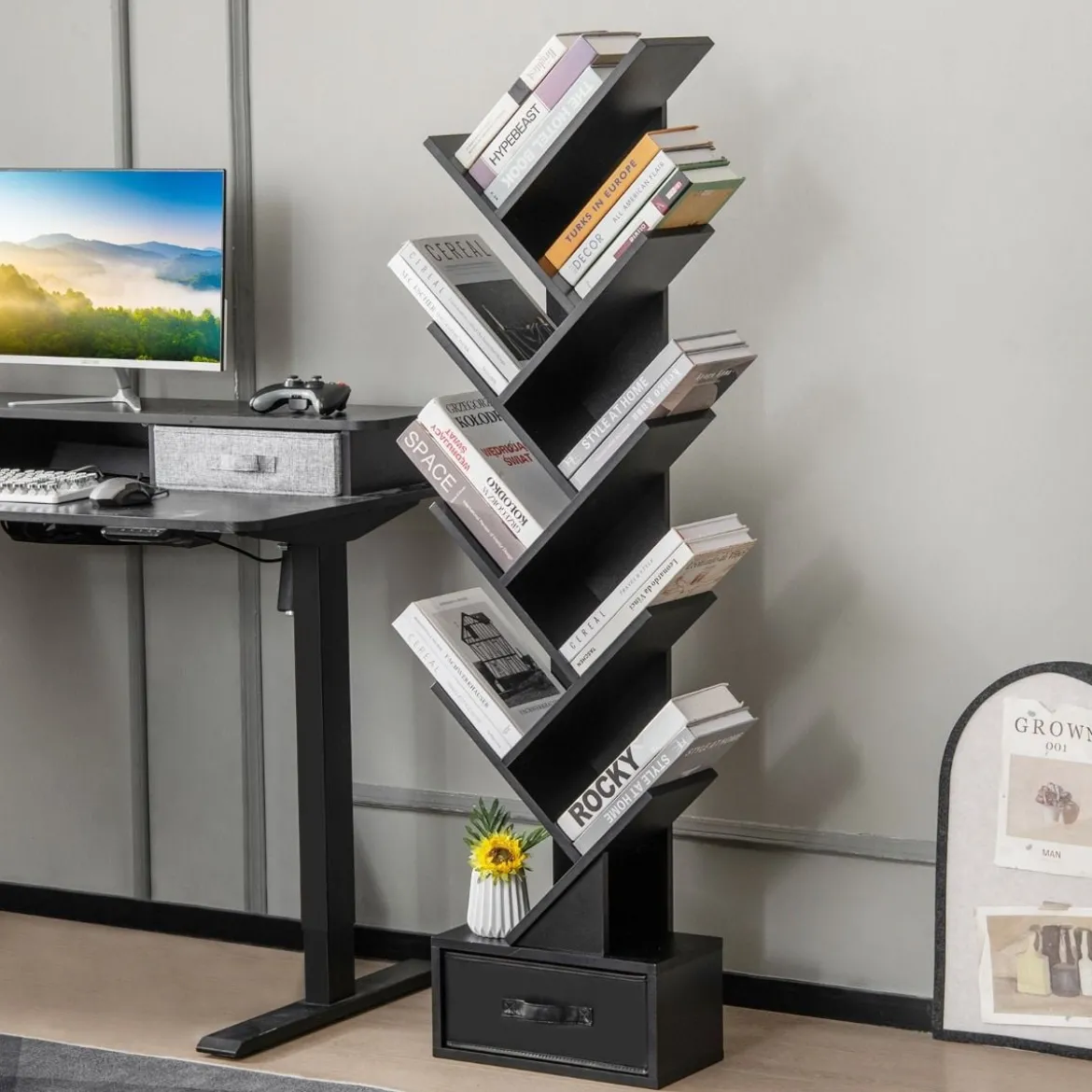10-stöckiges Baum-Bücherregal mit Schublade Bodenstehendes Lagerregal Schwarz