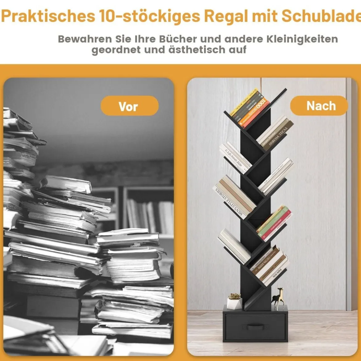 10-stöckiges Baum-Bücherregal mit Schublade Bodenstehendes Lagerregal Schwarz