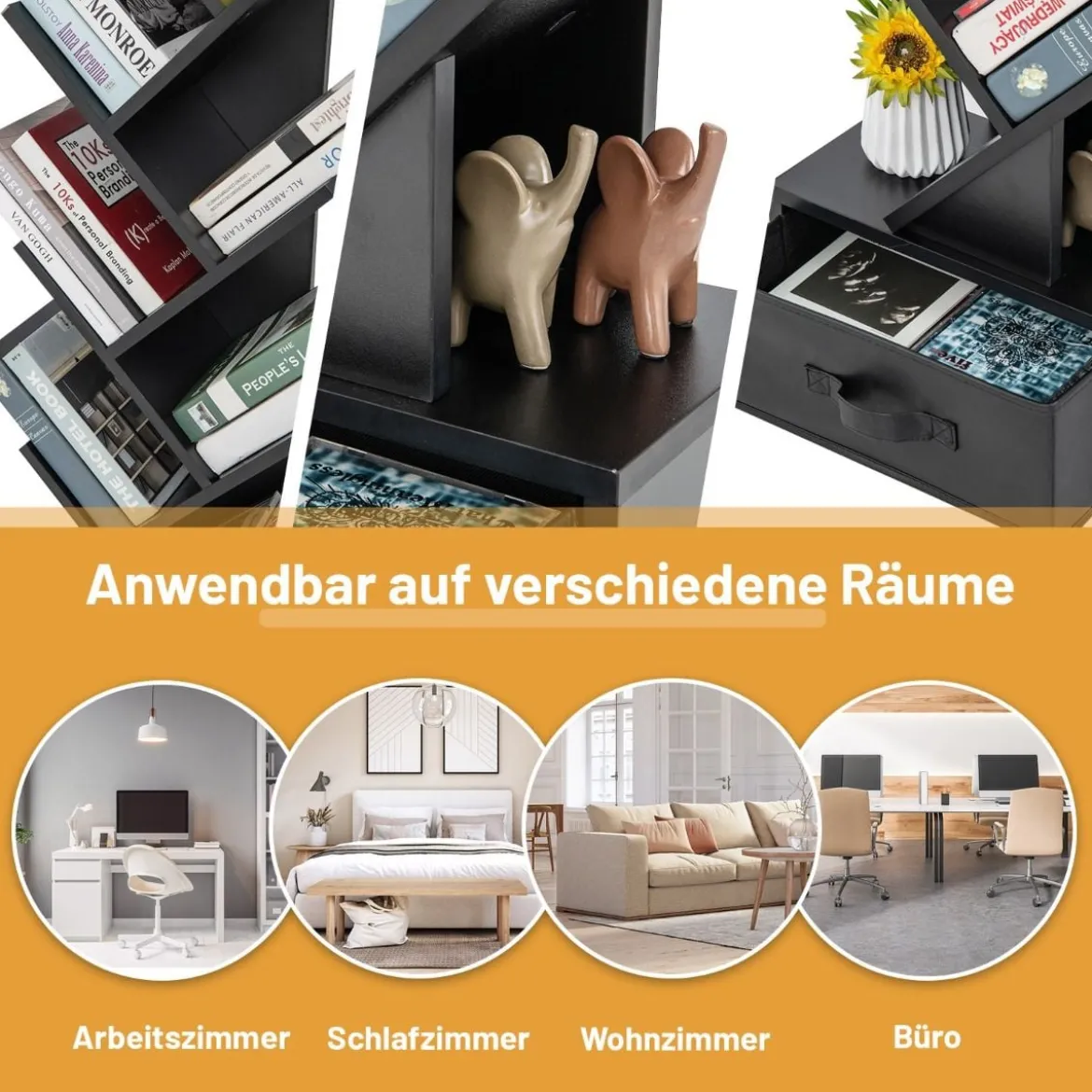 10-stöckiges Baum-Bücherregal mit Schublade Bodenstehendes Lagerregal Schwarz
