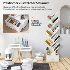 10-stöckiges Baum-Bücherregal mit Schublade Bodenstehendes Lagerregal Weiß