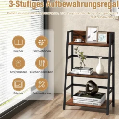 3-stöckiges Bücherregal aus Holz mit Metallrahmen & Kippschutz Industrielles Leiterregal