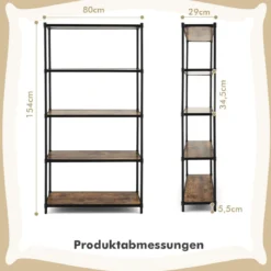 5-Stöckiges Bücherregal Freistehendes Lagerregal 80 x 29 x 154 cm