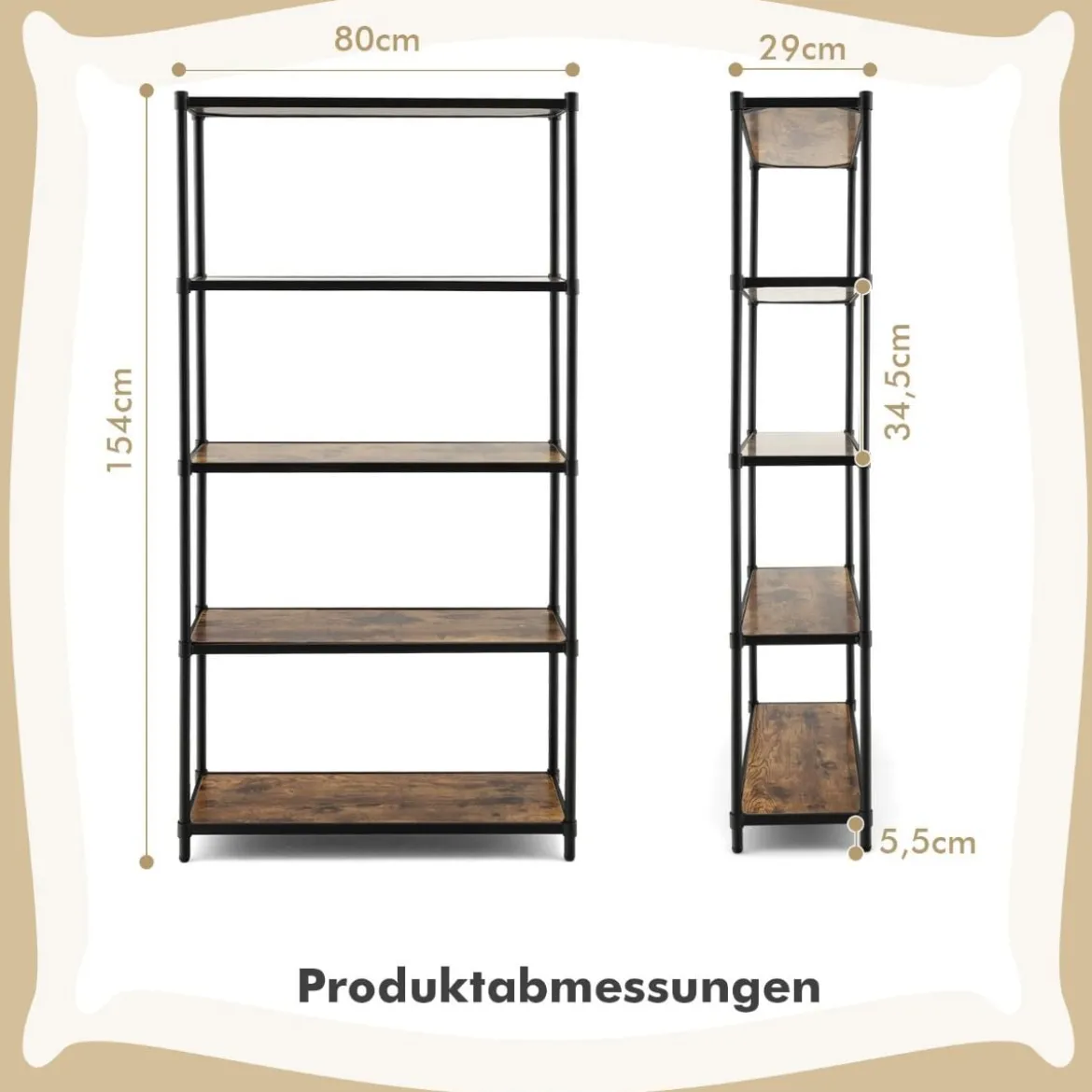5-Stöckiges Bücherregal Freistehendes Lagerregal 80 x 29 x 154 cm
