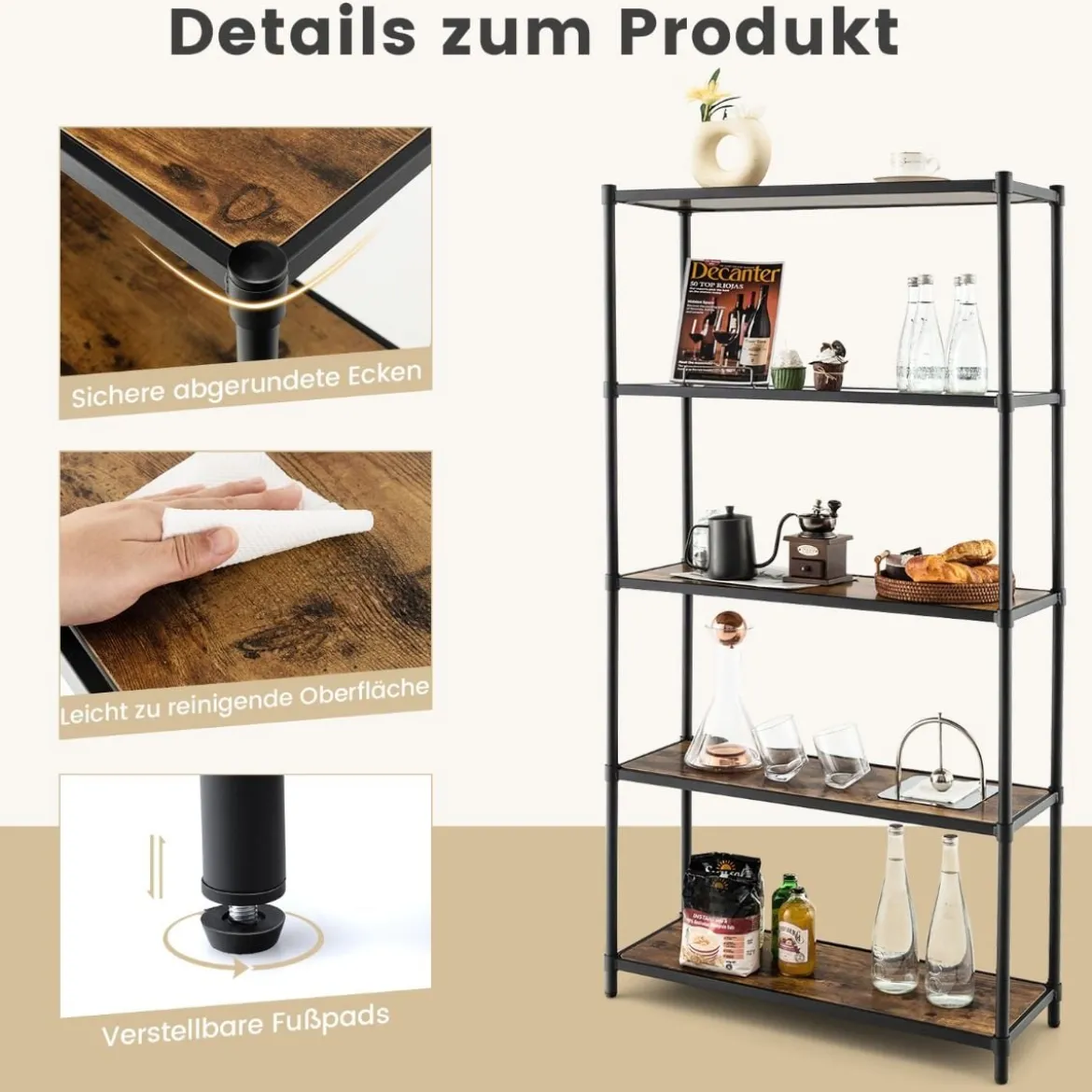 5-Stöckiges Bücherregal Freistehendes Lagerregal 80 x 29 x 154 cm