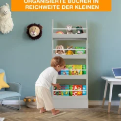 4-Stöckiges Bücherregal für Kinder Freistehendes Ablageregal mit Kippschutz 60 x 14 x 147 cm Grau