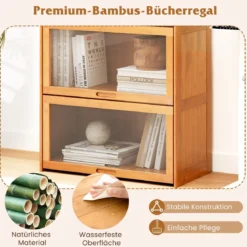 4 stöckiges Bücherregal mit Acryltüren Vitrinenschrank aus Bambus 69 x 34 x 140 cm Braun/Natur