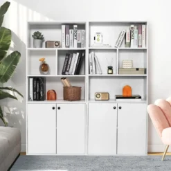 5-stöckiges Bücherregal mit Doppeltüren 155 cm hohes Standregal mit offenen Fächern Weiß