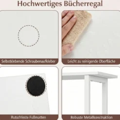 5-stöckiges Bücherregal mit Metallrahmen freistehend mit Kippschutz für Wohnzimmer und Büro Weiß