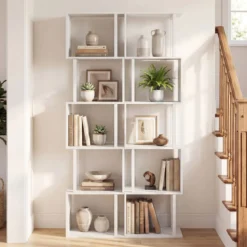 5-stöckiges Bücherregal mit Metallrahmen freistehend mit Kippschutz für Wohnzimmer und Büro Weiß