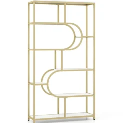 5-stöckiges Bücherregal mit Offenen Regalen Standregal Display Regal Weiß & Gold