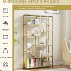 5-stöckiges Bücherregal mit Offenen Regalen Standregal Display Regal Weiß & Gold