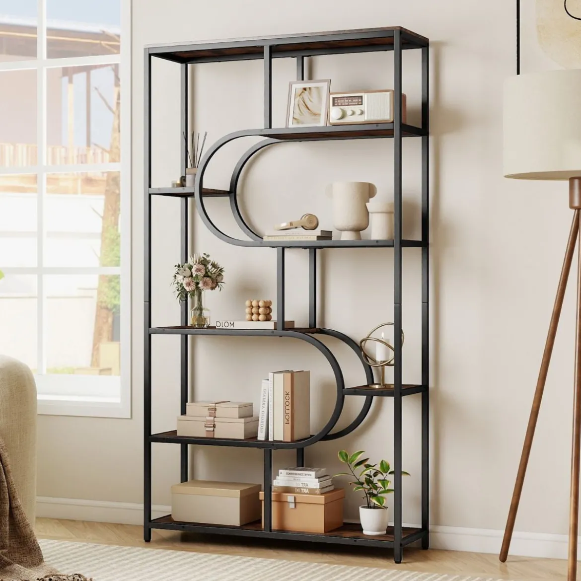 5-stöckiges Bücherregal mit Offenen Regalen Standregal Display Regal Braun & Schwarz