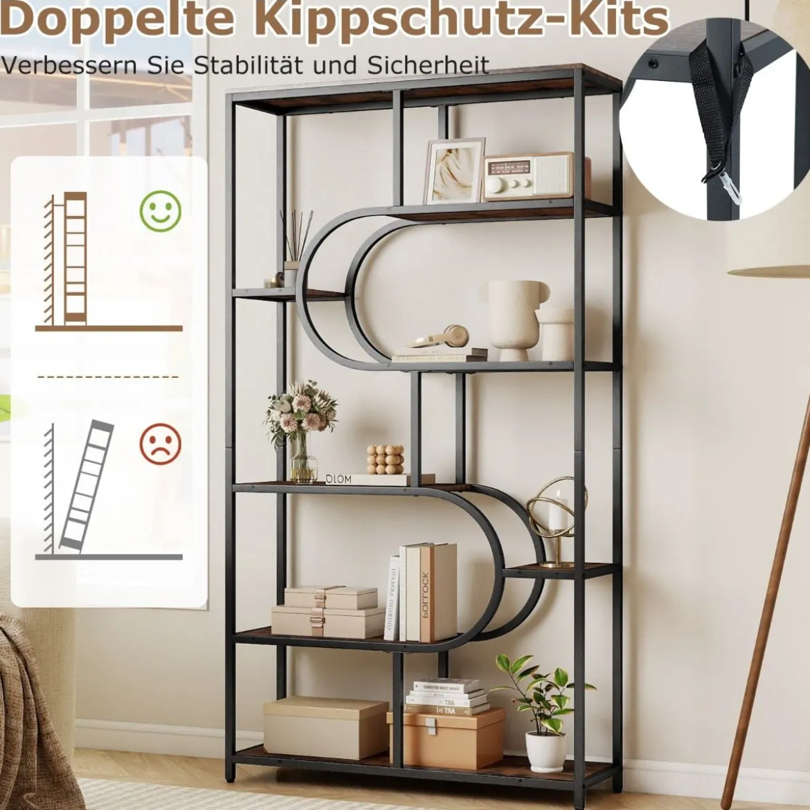 5-stöckiges Bücherregal mit Offenen Regalen Standregal Display Regal Braun & Schwarz