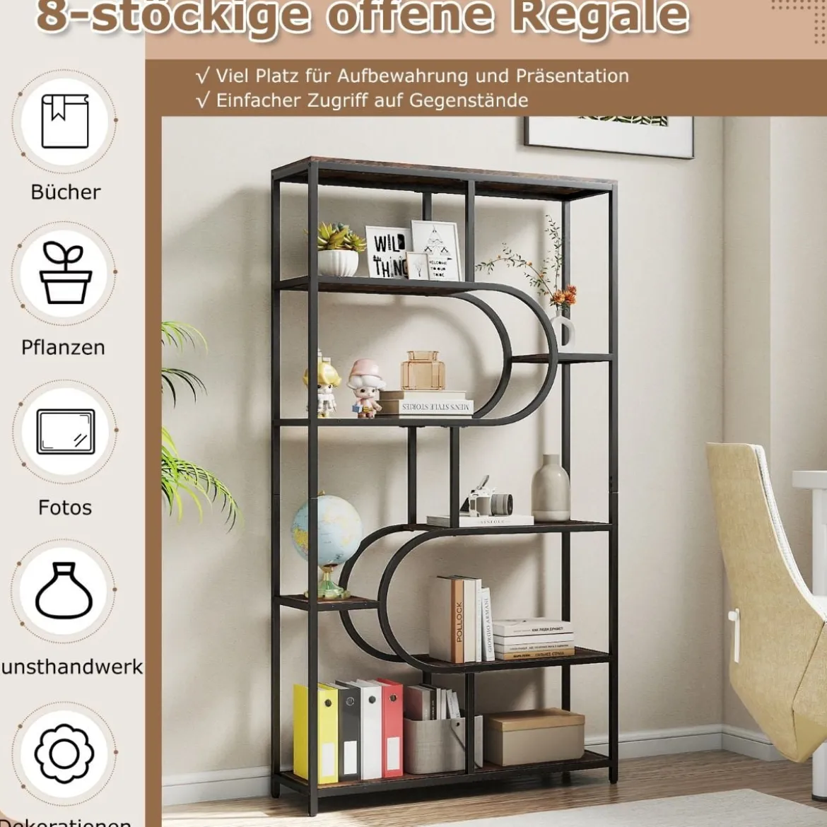 5-stöckiges Bücherregal mit Offenen Regalen Standregal Display Regal Braun & Schwarz