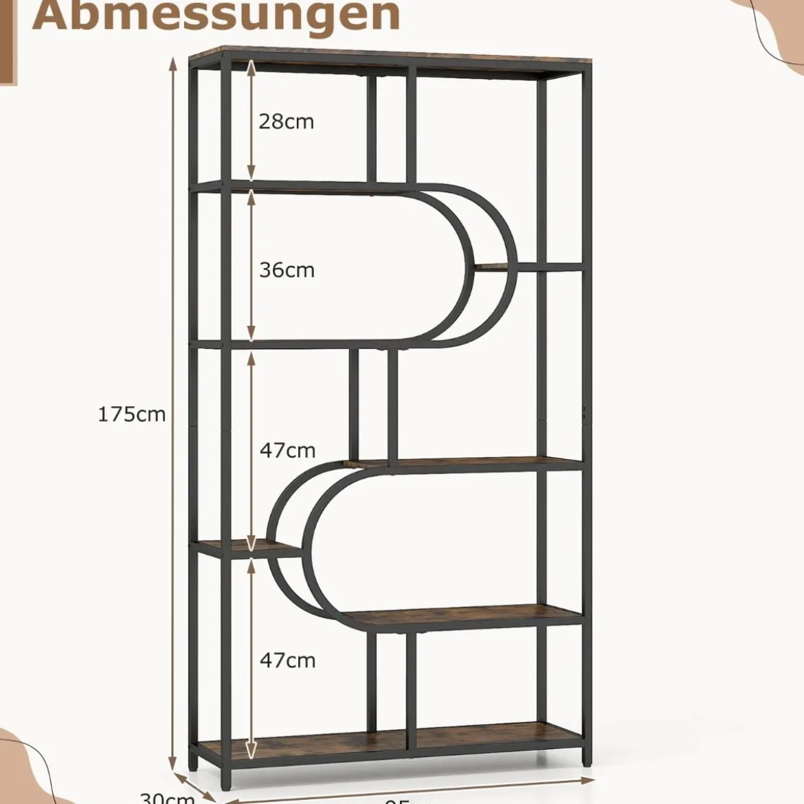 5-stöckiges Bücherregal mit Offenen Regalen Standregal Display Regal Braun & Schwarz