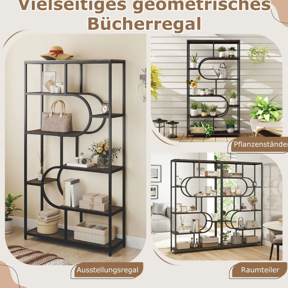 5-stöckiges Bücherregal mit Offenen Regalen Standregal Display Regal Braun & Schwarz