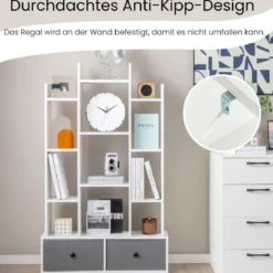 12-Stöckiges Bücherregal mit Offener Rückseite & Schublade 81 x 24 x 132 cm Weiß