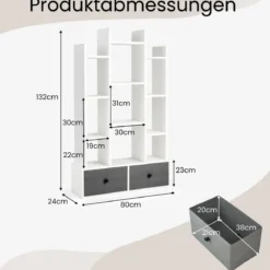12-Stöckiges Bücherregal mit Offener Rückseite & Schublade 81 x 24 x 132 cm Weiß