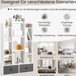 12-Stöckiges Bücherregal mit Offener Rückseite & Schublade 81 x 24 x 132 cm Weiß
