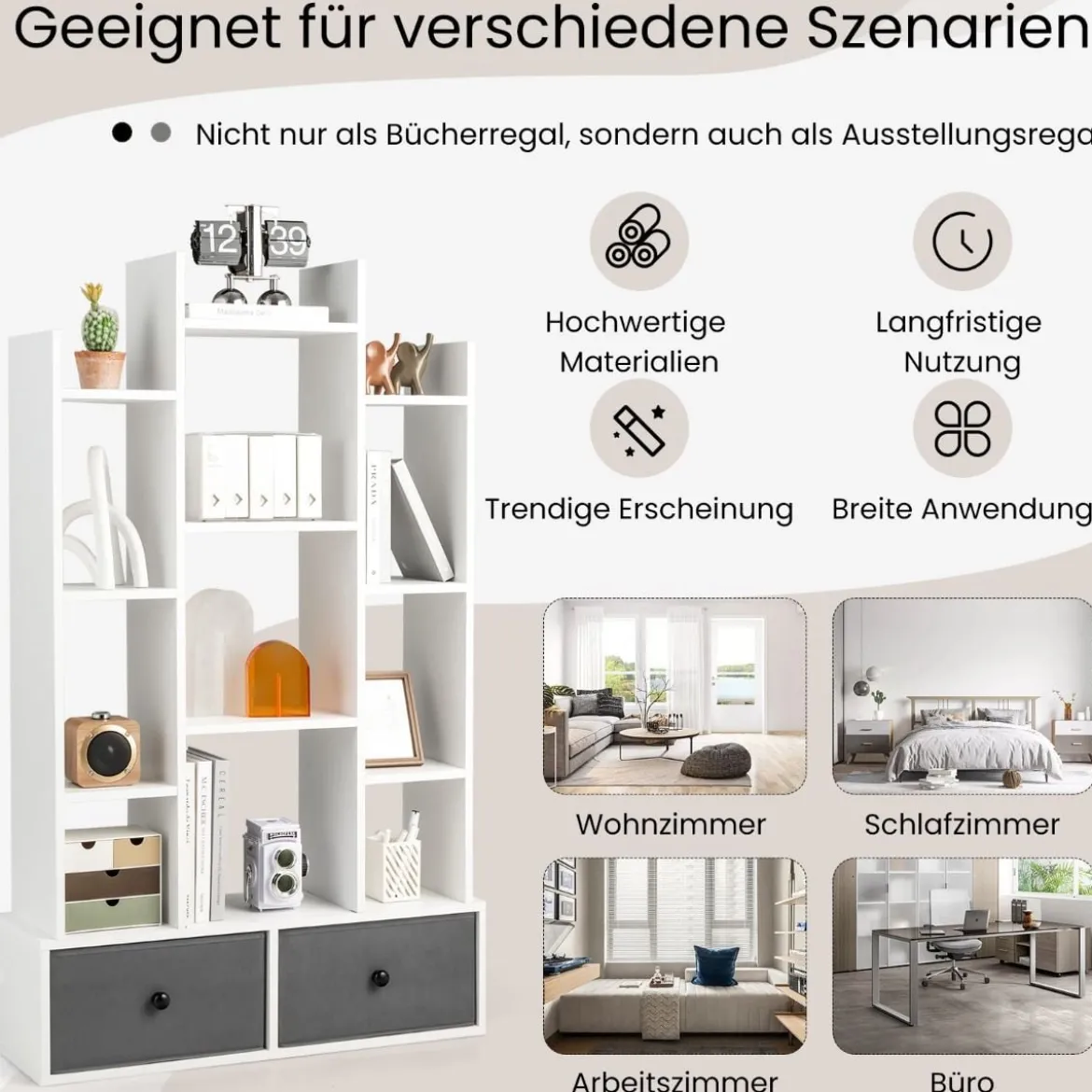 12-Stöckiges Bücherregal mit Offener Rückseite & Schublade 81 x 24 x 132 cm Weiß