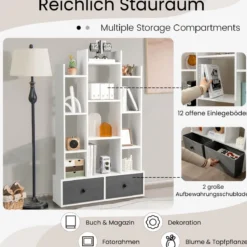 12-Stöckiges Bücherregal mit Offener Rückseite & Schublade 81 x 24 x 132 cm Weiß