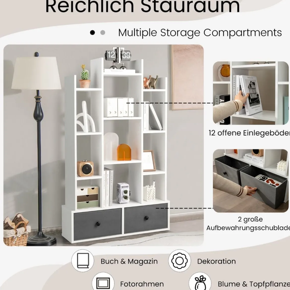 12-Stöckiges Bücherregal mit Offener Rückseite & Schublade 81 x 24 x 132 cm Weiß