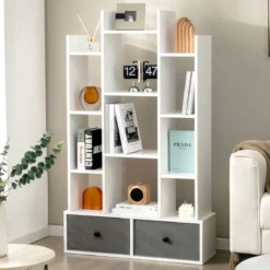 12-Stöckiges Bücherregal mit Offener Rückseite & Schublade 81 x 24 x 132 cm Weiß