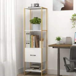 5-stöckiges Bücherregal mit Schublade & Metallrahmen Bücherschrank Modern Standregal