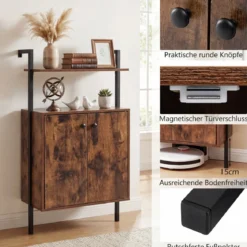 4-stöckiges Bücherregal mit 2-türiger Schrank & 2 Offenen EinlegebödenWandmontiertes Standregal Braun