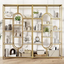 5-stöckiges Bücherregal Standregal Geometrisches Aufbewahrungsregal Weiß & Gold