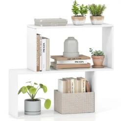 3-stöckiges geometrisches Bücherregal freistehendes Holzregal mit 2 würfelförmigen Fächern Natur/Weiß/Braun