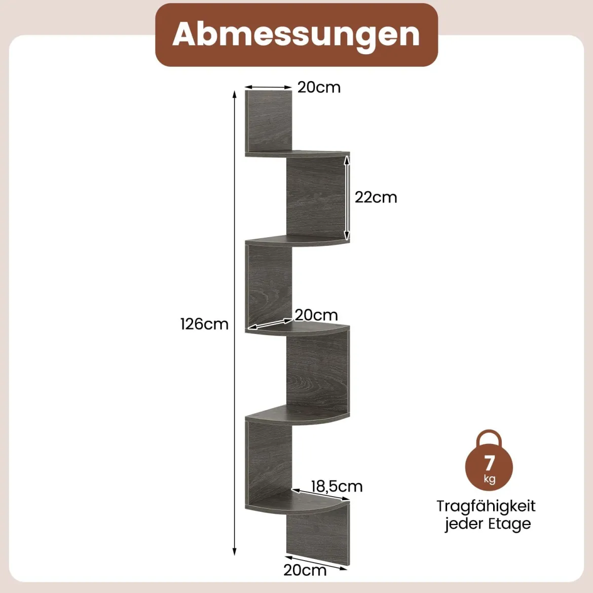 5-stöckiges Hängendes Eckregal Schwebendes Bücherregal Wandmontiertes Schweberegal Grau