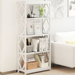 5-stöckiges hohes Bücherregal offenes Holzregal mit rhombischer Struktur Weiß