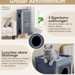 4-stöckiges Katzenhaus 99 cm Hoher Katzen-Kondominium mit Kratzpfosten 3 Verstecken Hellgrau