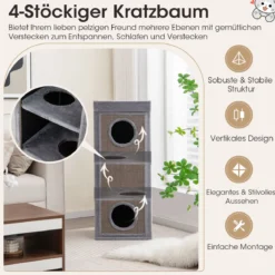 4-stöckiges Katzenhaus 99 cm hoher Katzen-Kondominium mit Kratzpfosten 3 Verstecken Grau