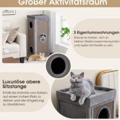 4-stöckiges Katzenhaus 99 cm hoher Katzen-Kondominium mit Kratzpfosten 3 Verstecken Grau