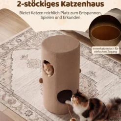 2-stöckiges Katzenhaus mit Sisal-Kratzmatte & Versteck-Höhle & Überdachtem Bett Spielhaus im Fässchen-Design