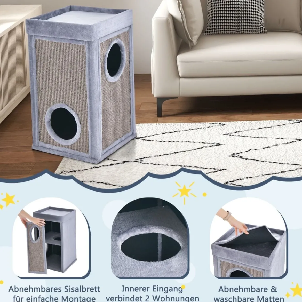 2-stöckiges Katzenhaus mit versteckter Höhle abnehmbarem Kissen Sisal Kratzunterlage & oberer Plattform mit Plüschstoffbezug Grau