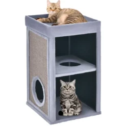 2-stöckiges Katzenhaus mit versteckter Höhle abnehmbarem Kissen Sisal Kratzunterlage & oberer Plattform mit Plüschstoffbezug Grau