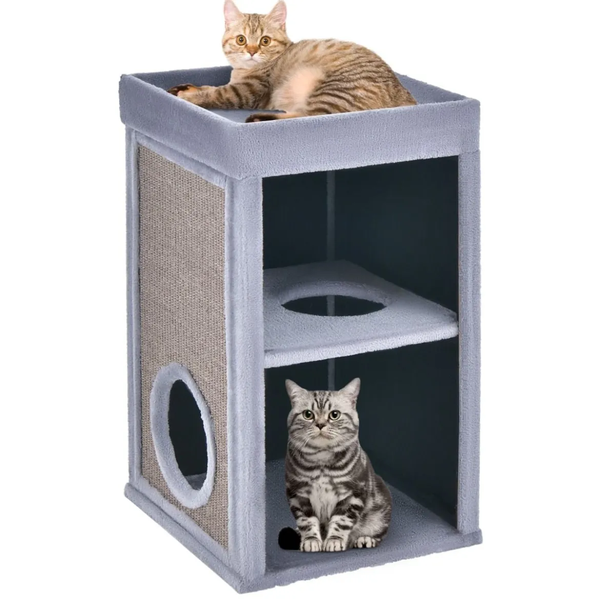 2-stöckiges Katzenhaus mit versteckter Höhle abnehmbarem Kissen Sisal Kratzunterlage & oberer Plattform mit Plüschstoffbezug Grau