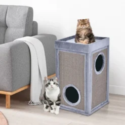2-stöckiges Katzenhaus mit versteckter Höhle abnehmbarem Kissen Sisal Kratzunterlage & oberer Plattform mit Plüschstoffbezug Grau