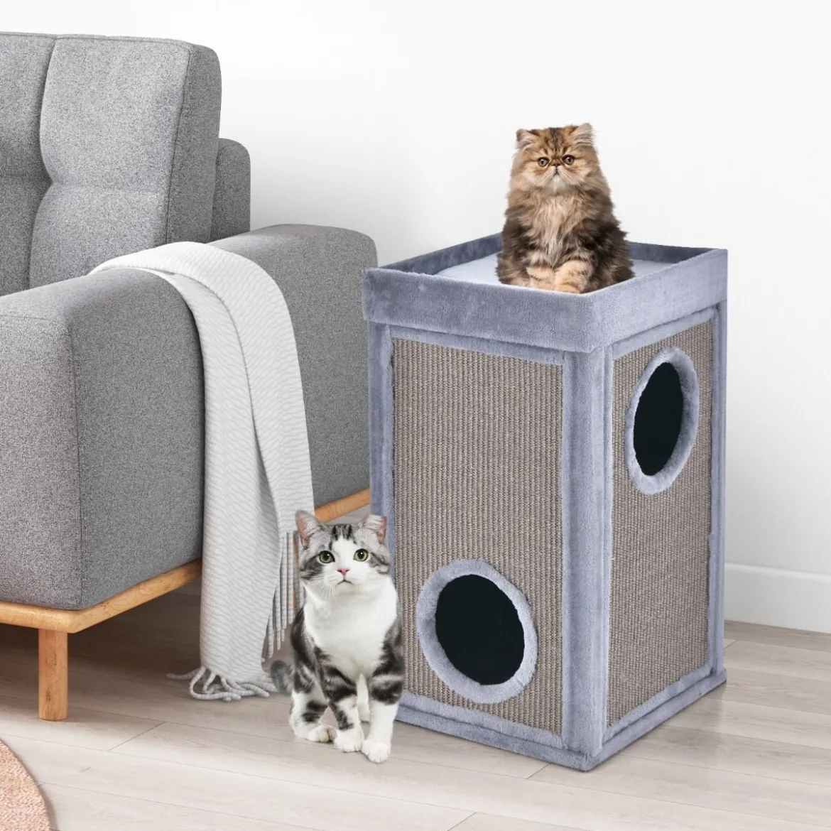 2-stöckiges Katzenhaus mit versteckter Höhle abnehmbarem Kissen Sisal Kratzunterlage & oberer Plattform mit Plüschstoffbezug Grau