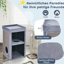 2-stöckiges Katzenhaus mit versteckter Höhle abnehmbarem Kissen Sisal Kratzunterlage & oberer Plattform mit Plüschstoffbezug Grau