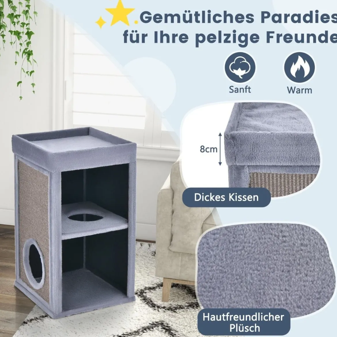2-stöckiges Katzenhaus mit versteckter Höhle abnehmbarem Kissen Sisal Kratzunterlage & oberer Plattform mit Plüschstoffbezug Grau