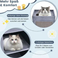 2-stöckiges Katzenhaus mit versteckter Höhle abnehmbarem Kissen Sisal Kratzunterlage & oberer Plattform mit Plüschstoffbezug Grau