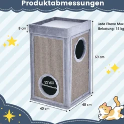 2-stöckiges Katzenhaus mit versteckter Höhle abnehmbarem Kissen Sisal Kratzunterlage & oberer Plattform mit Plüschstoffbezug Grau